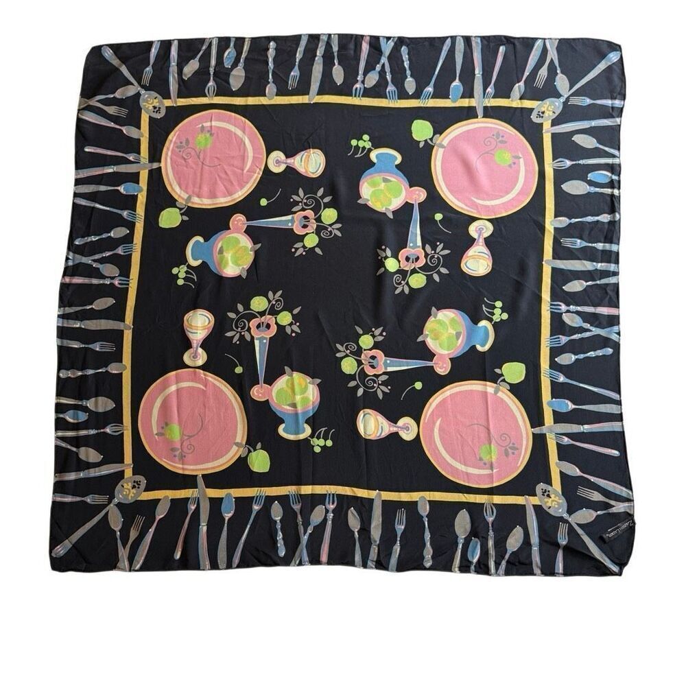 Zazou Luxe Black & Pink Dinner Party Motif Silk Scarf Size 33”X34”